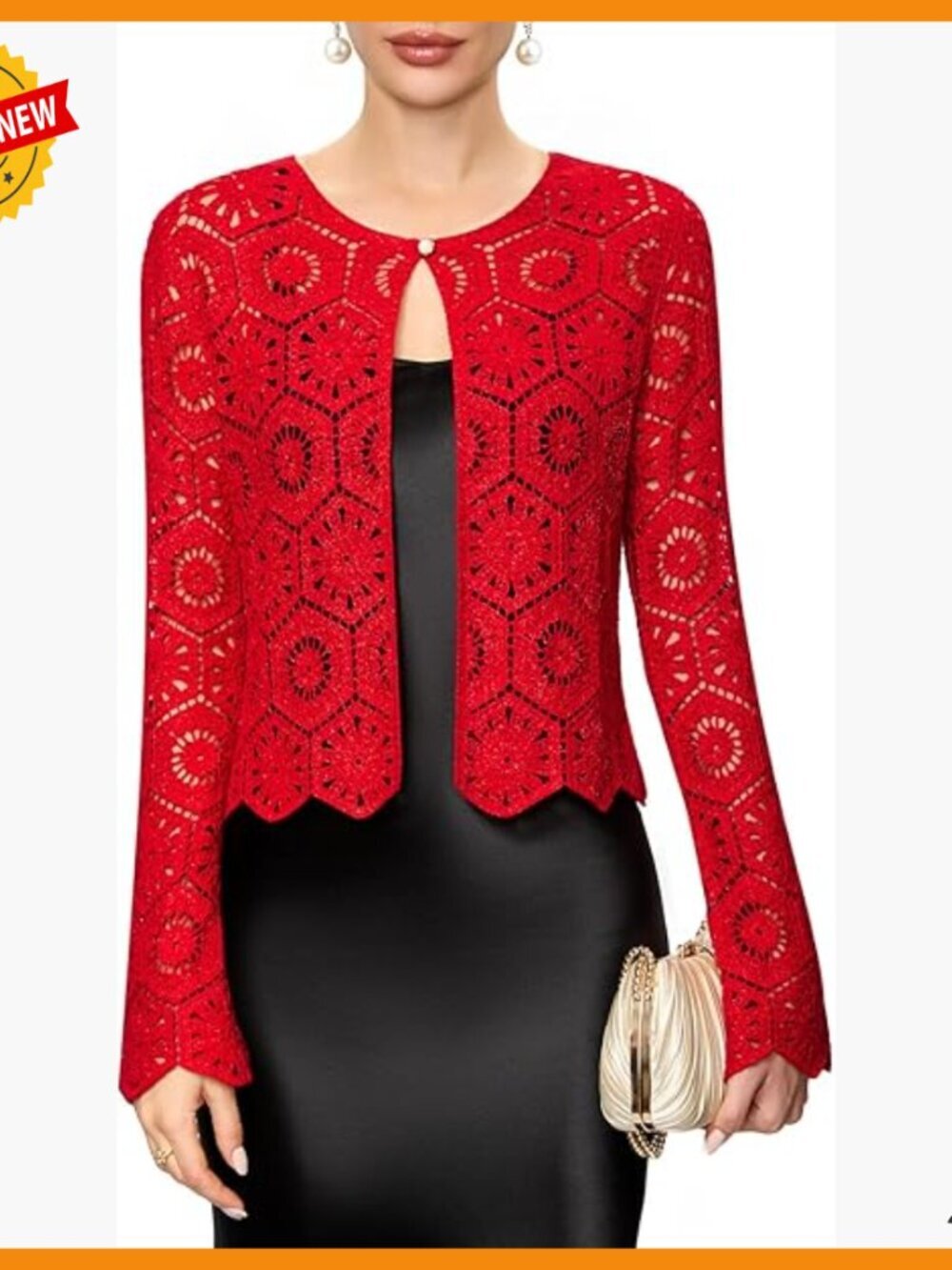 Vintage Crochet Cardigan with Gold Thread, One-Button Cropped Shrug for Formal